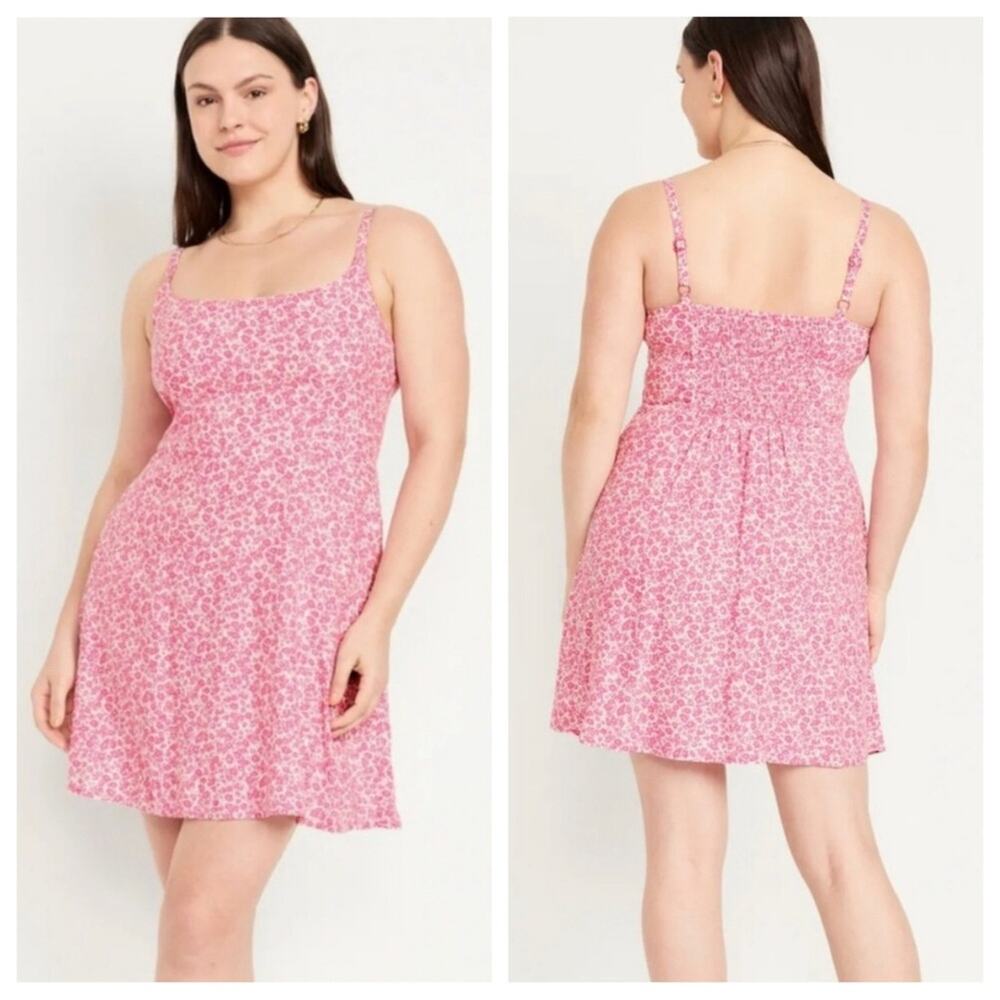 Old Navy Fit and Flare Linen Blend Tank Mini Dress in Pink Floral - Size XL